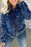 Ruffle Raw Hem Flap Pockets Denim Jacket