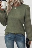 Buttoned V Neck Ribbed Puff Sleeve Top