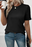 Buttoned V Neck Ribbed Puff Sleeve Top